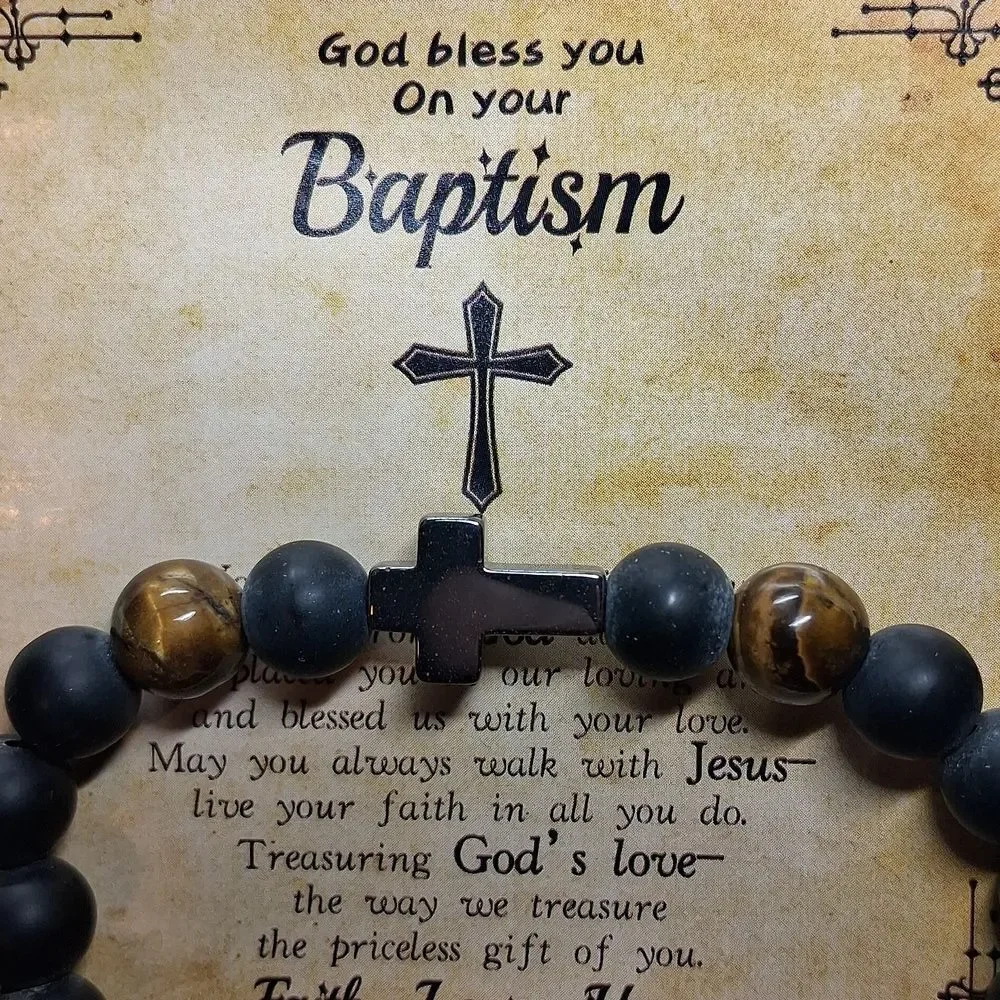 Bracelet Baptism Beaded Black And Brown/Cross Gift Package New
